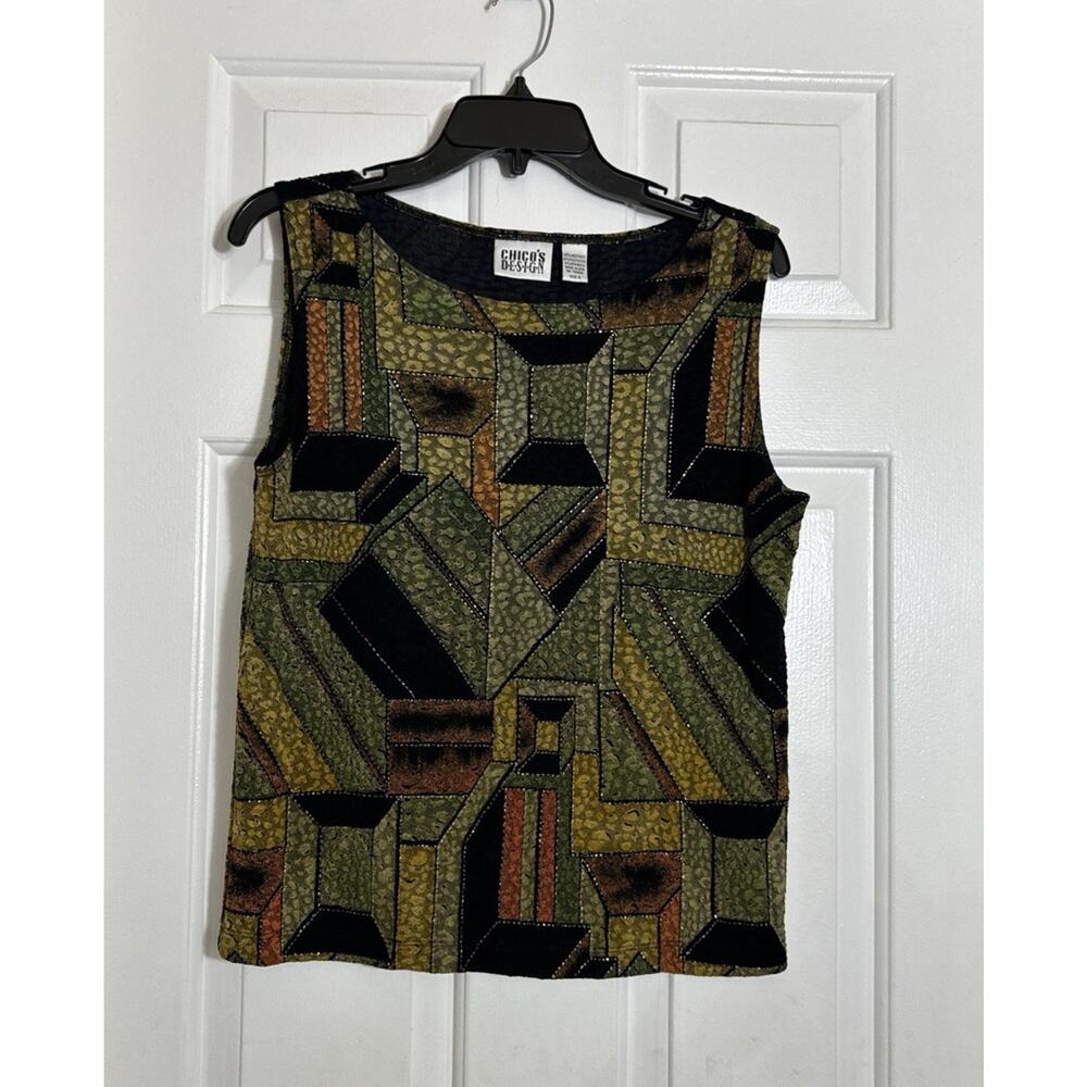 VTG Chico’s Design Embellished Geo Autumn Art to Wear Sleeveless Top boho Lux 2
